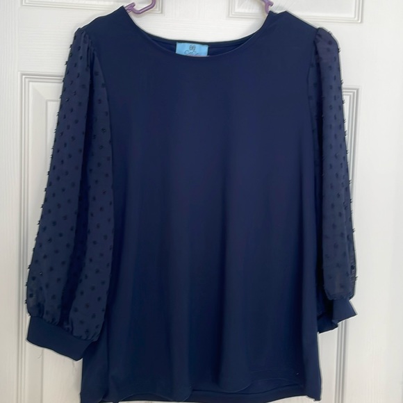 Cece Clip Dot Blouse 3/4 sleeves in Navy Blue EUC - Picture 1 of 5